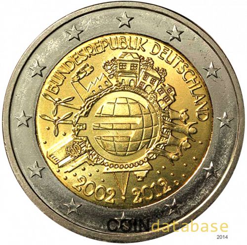 2 € Obverse Image minted in GERMANY in 2012D (10th anniversary of euro banknotes and coins)  - The Coin Database