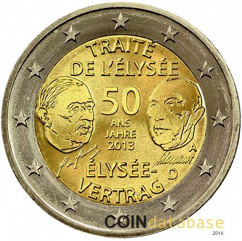 2 € Obverse Image minted in GERMANY in 2013A (50th Anniversary of the Elysée Treaty)  - The Coin Database