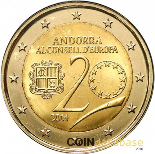 2 € Obverse Image minted in ANDORRA in 2014 (20th anniversary of the entry of Andorra in the Council of Europe)  - The Coin Database