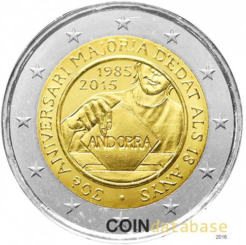 2 € Obverse Image minted in ANDORRA in 2015 (30th anniversary of age at 18)  - The Coin Database