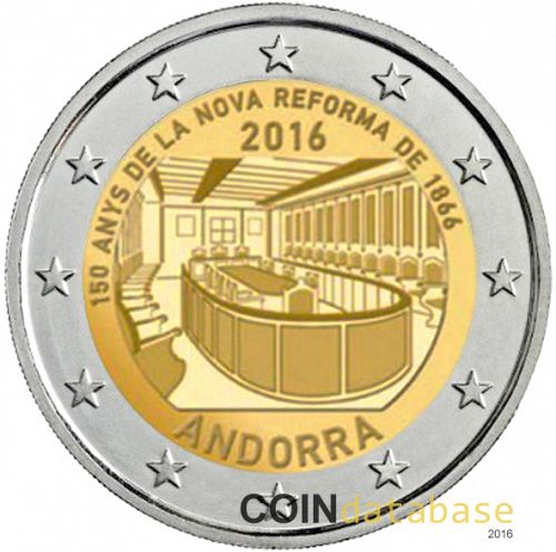 2 € Obverse Image minted in ANDORRA in 2016 (150 years of the New Reform Act of 1866)  - The Coin Database