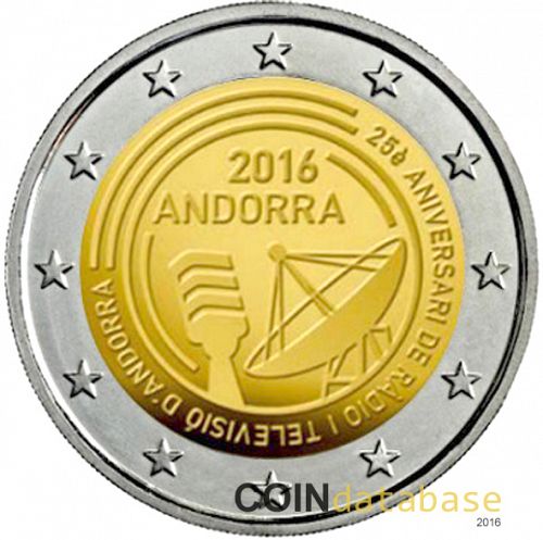 2 € Obverse Image minted in ANDORRA in 2016 (25th anniversary of Radio and Television of Andorra)  - The Coin Database