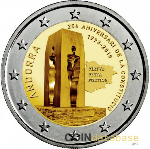 2 € Obverse Image minted in ANDORRA in 2018 (25th anniversary of the Constitution)  - The Coin Database