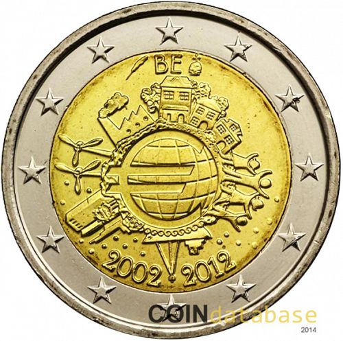 2 € Obverse Image minted in BELGIUM in 2012 (10th anniversary of euro banknotes and coins)  - The Coin Database
