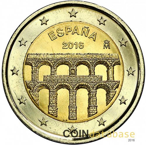2 € Obverse Image minted in SPAIN in 2016 (Aqueduct of Segovia – UNESCO World Heritage Series)  - The Coin Database