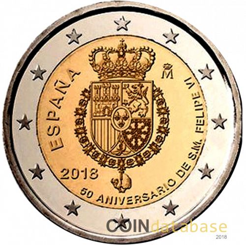 2 € Obverse Image minted in SPAIN in 2018 (50th Anniversary of King Felipe VI)  - The Coin Database