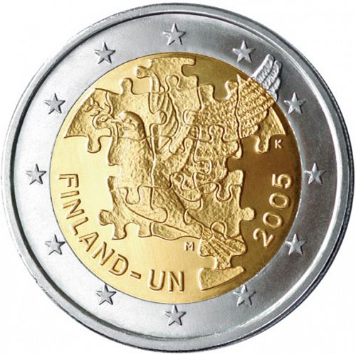 2 € Obverse Image minted in FINLAND in 2005 (60th anniversary of the establishment of the United Nations and 50th anniversary of Finland’s membership therein)  - The Coin Database