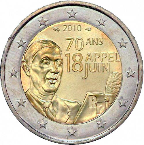 2 € Obverse Image minted in FRANCE in 2010 (70th Anniversary of General De Gaulle's Appeal of 18 June)  - The Coin Database