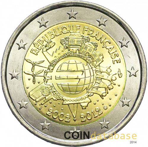 2 € Obverse Image minted in FRANCE in 2012 (10th anniversary of euro banknotes and coins)  - The Coin Database