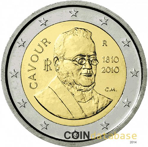 2 € Obverse Image minted in ITALY in 2010 (200th anniversary of Camillo Paolo Filippo Giulio Benso's birth)  - The Coin Database