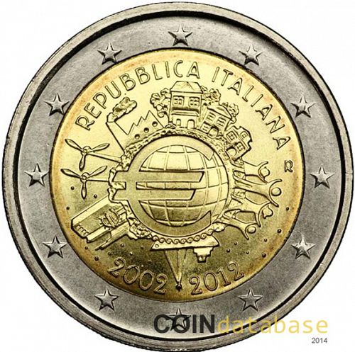2 € Obverse Image minted in ITALY in 2012 (10th anniversary of euro banknotes and coins)  - The Coin Database