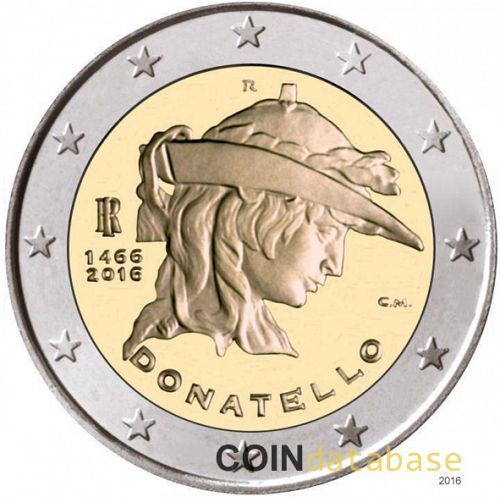 2 € Obverse Image minted in ITALY in 2016 (550th anniversary of the death of Donatello)  - The Coin Database