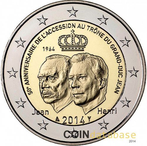 2 € Obverse Image minted in LUXEMBOURG in 2014 (50th Anniversary of the Ascension to the Throne of Duke Jean)  - The Coin Database