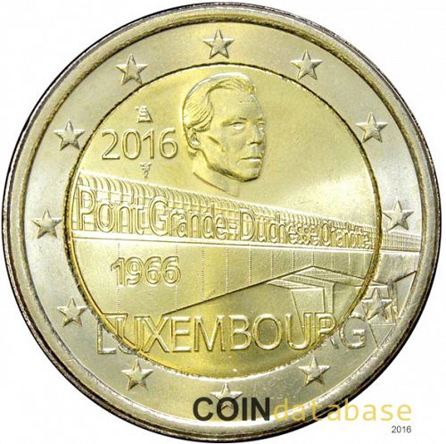 2 € Obverse Image minted in LUXEMBOURG in 2016 (50th anniversary of the Bridge of Grand Duchess Charlotte)  - The Coin Database