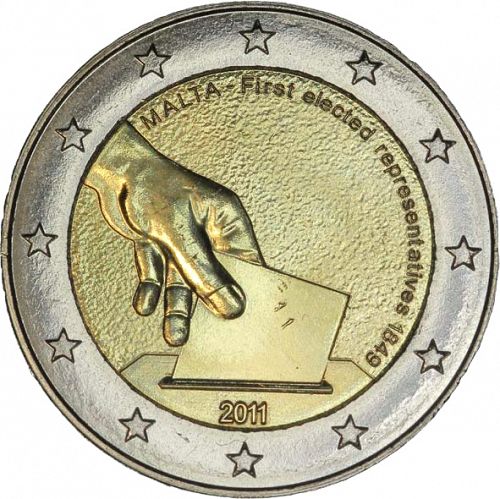 2 € Obverse Image minted in MALTA in 2011 (1st elected representatives of 1849 - The constitutional history series)  - The Coin Database