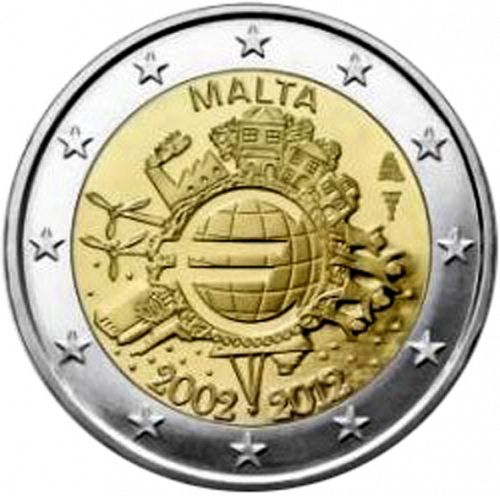 2 € Obverse Image minted in MALTA in 2012 (10th anniversary of euro banknotes and coins)  - The Coin Database