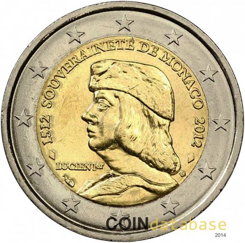2 € Obverse Image minted in MONACO in 2012 (Monaco's Sovereignty 500 years)  - The Coin Database