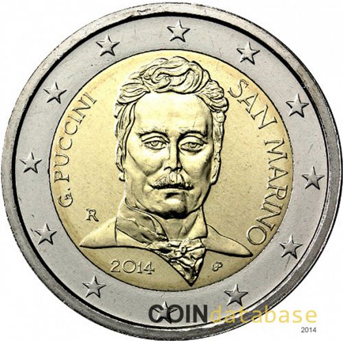 2 € Obverse Image minted in SAN MARINO in 2014 (90th anniversary of the death of Giacomo Puccini)  - The Coin Database