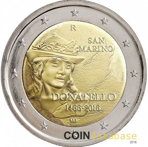 2 € Obverse Image minted in SAN MARINO in 2016 (550th  anniversary of the death of Donatello)  - The Coin Database