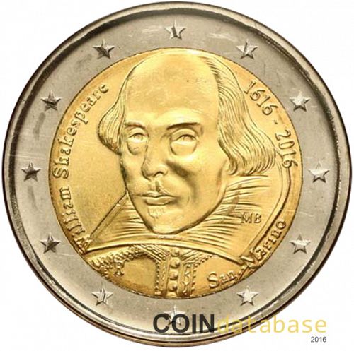 2 € Obverse Image minted in SAN MARINO in 2016 (400th  anniversary of the death of William Shakespeare)  - The Coin Database