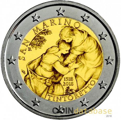 2 € Obverse Image minted in SAN MARINO in 2018 (500th anniversary of the Birth of Tintoretto)  - The Coin Database