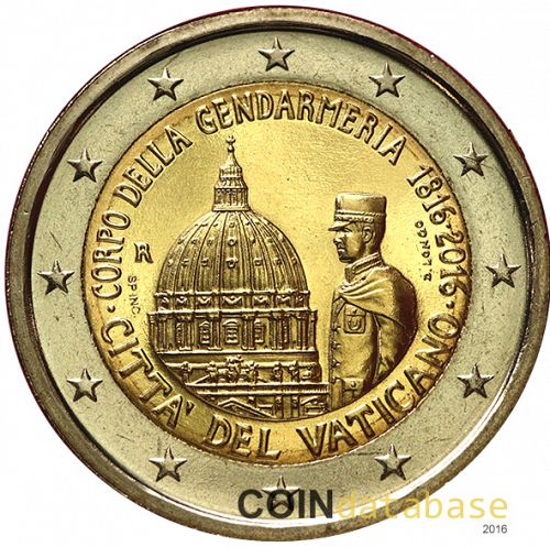 2 € Obverse Image minted in VATICAN in 2016 (Bicentenary of the Vatican Gendarmerie)  - The Coin Database