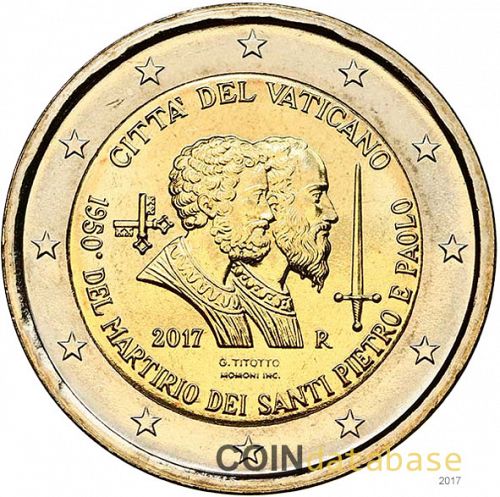 2 € Obverse Image minted in VATICAN in 2017 (1950th Anniversary of the martyrdom of St. Peter and St. Paul)  - The Coin Database