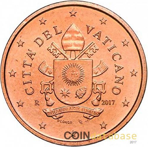 2 cent Obverse Image minted in VATICAN in 2017 (FRANCIS'S SHIELD)  - The Coin Database