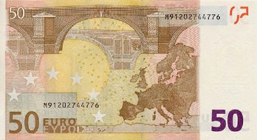 50 € Reverse Image minted in · Euro notes in 2002M (1st Series - Architectural style 