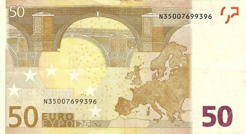 50 € Reverse Image minted in · Euro notes in 2002N (1st Series - Architectural style 