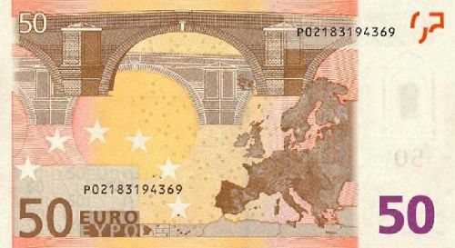 50 € Reverse Image minted in · Euro notes in 2002P (1st Series - Architectural style 