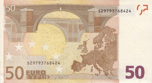 50 € Reverse Image minted in · Euro notes in 2002S (1st Series - Architectural style 