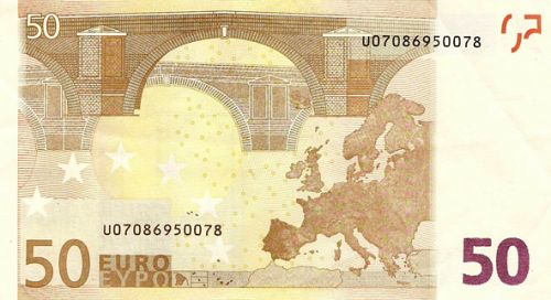 50 € Reverse Image minted in · Euro notes in 2002U (1st Series - Architectural style 