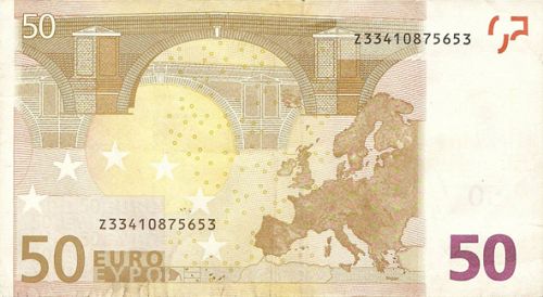 50 € Reverse Image minted in · Euro notes in 2002Z (1st Series - Architectural style 