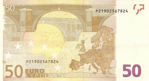 50 € Reverse Image minted in · Euro notes in 2002P (1st Series - Architectural style 