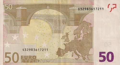 50 € Reverse Image minted in · Euro notes in 2002S (1st Series - Architectural style 