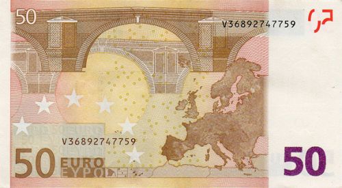 50 € Reverse Image minted in · Euro notes in 2002V (1st Series - Architectural style 