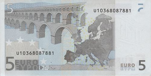 5 € Reverse Image minted in · Euro notes in 2002U (1st Series - Architectural style 