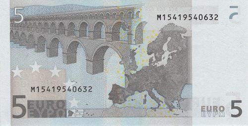 5 € Reverse Image minted in · Euro notes in 2002M (1st Series - Architectural style 