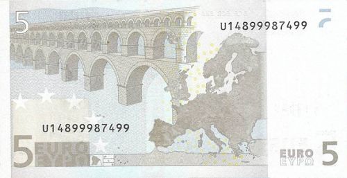 5 € Reverse Image minted in · Euro notes in 2002U (1st Series - Architectural style 