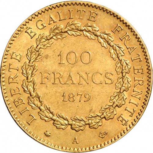 100 Francs Reverse Image minted in FRANCE in 1879A (1871-1940 - Third Republic)  - The Coin Database