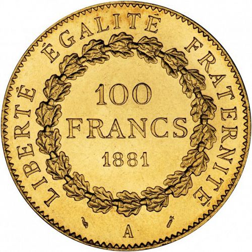 100 Francs Reverse Image minted in FRANCE in 1881A (1871-1940 - Third Republic)  - The Coin Database