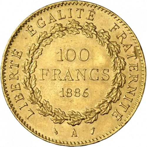 100 Francs Reverse Image minted in FRANCE in 1886A (1871-1940 - Third Republic)  - The Coin Database