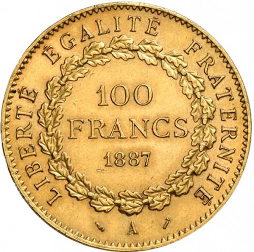 100 Francs Reverse Image minted in FRANCE in 1887A (1871-1940 - Third Republic)  - The Coin Database