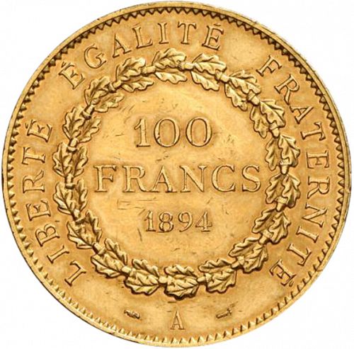 100 Francs Reverse Image minted in FRANCE in 1894A (1871-1940 - Third Republic)  - The Coin Database