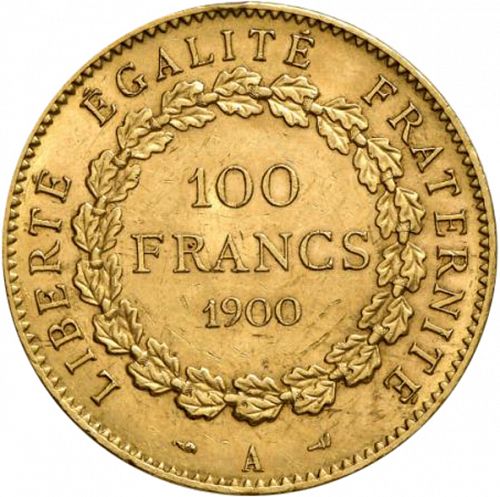 100 Francs Reverse Image minted in FRANCE in 1900A (1871-1940 - Third Republic)  - The Coin Database