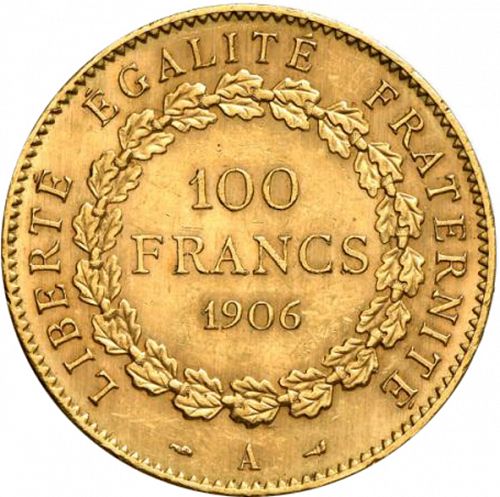 100 Francs Reverse Image minted in FRANCE in 1906A (1871-1940 - Third Republic)  - The Coin Database