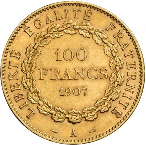 100 Francs Reverse Image minted in FRANCE in 1907A (1871-1940 - Third Republic)  - The Coin Database