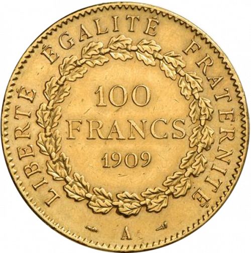 100 Francs Reverse Image minted in FRANCE in 1909A (1871-1940 - Third Republic)  - The Coin Database