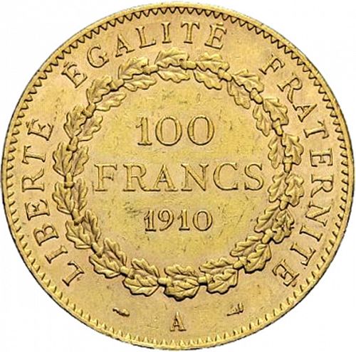 100 Francs Reverse Image minted in FRANCE in 1910A (1871-1940 - Third Republic)  - The Coin Database